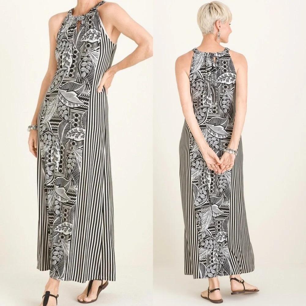 Chico’s Tropical Print Striped Maxi Dress Halter Stretch Jersey Size 0 (4-6)